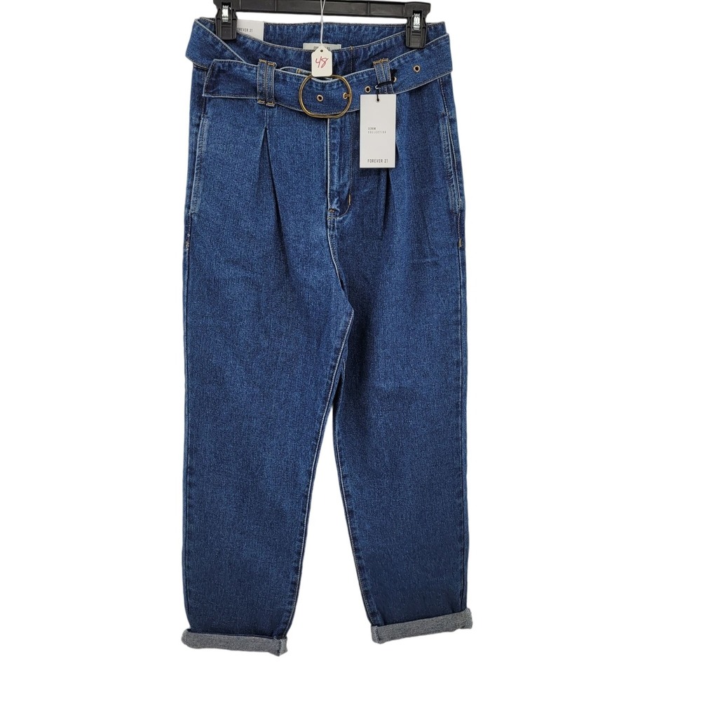 New Forever 21 High-Rise Jeans Sz 26 Belted Baggy Tapered Cuffed Casual Wash